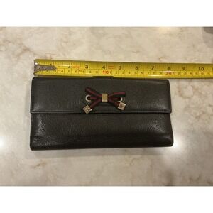 Gucci Black Pebbled Leather Continental Wallet with‎ Red & Blk Ribbon Bow Detail